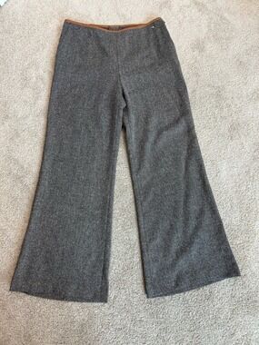 Escada Gray Wide-Leg Wool Blend trouser dress Pants with Tan leather Trim 38